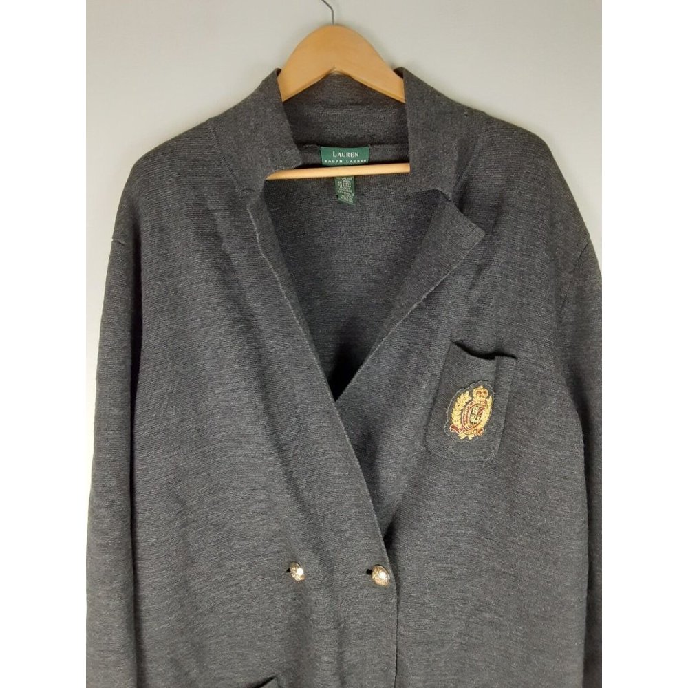 Lauren Ralph Lauren Women's Gray Merino Wool Crest Cardigan  Sweater Blazer XL - Picture 2 of 16